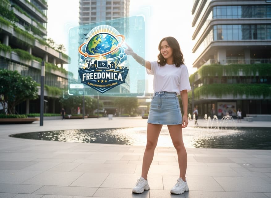 Freedomica brand ambassador presenting a holographic logo in a modern plaza
